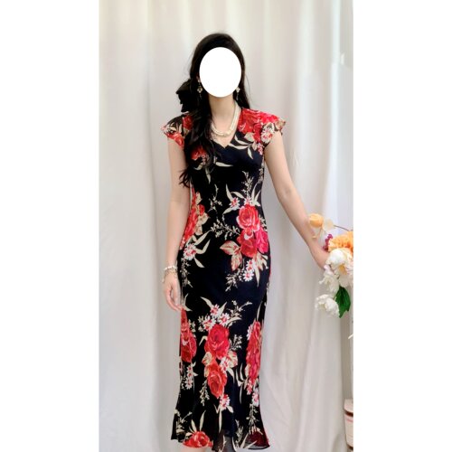 古着优雅性感斜裁小飞袖连衣裙女