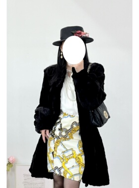 vintage中古法式优雅BIEN FORET黑色貂绒小立领中长水貂皮草外套