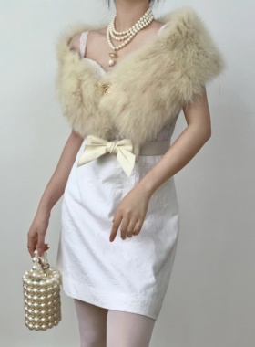 甜美复古简约浅黄色狐狸毛vintage中古孤品披肩