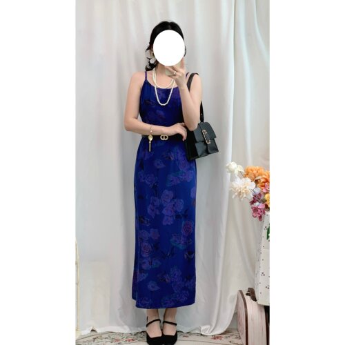 古着优雅轻熟真丝碎花吊带连衣裙