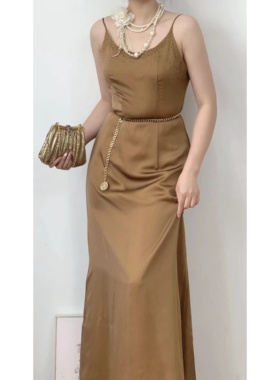 法式优雅黄色吊带立裁钉珠A字摆长款vintage古着孤品连衣裙女夏