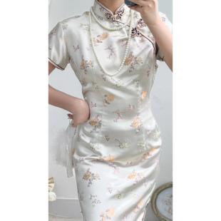 日本制新中式人丝月白色斜襟盘扣提花修身vintage古着孤品旗袍女
