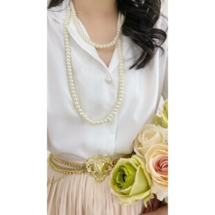 vintage古着优雅复古涤纶白色镂空蕾丝人造珍珠扣长袖衬衫女