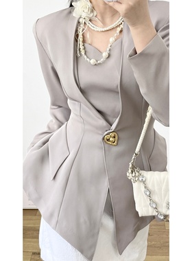 日本制vintage古着昭和复古灰色收腰立体剪裁爱心大金扣西装外套