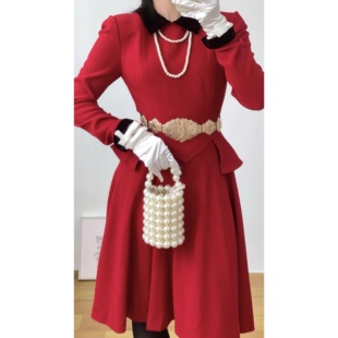 vintage古着法式假两件连衣裙全羊毛高级减龄立裁廓形显白丝绒女