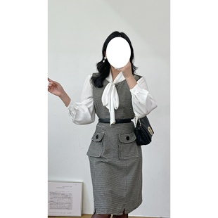 复古百搭LAURA ASHLEY劳拉黑白千鸟格立体口袋vintage古着连衣裙