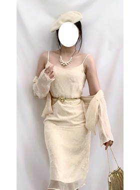 日产昭和复古ROPE浅黄色暗纹提花丝绒微光小卷边vintage古着套装