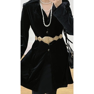 轻熟优雅涤纶黑色丝绒复古平驳领单排扣短款vintage古着连衣裙女