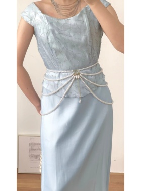 美产法式气质显白浅蓝色人鱼姬流光变色假两件vintage古着连衣裙