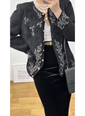 vintage古着昭和复古真丝混纺深灰色立体花朵扣蕾丝贴布针织毛衣