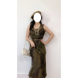 轻熟复古斜裁深绿色半透面料不规则图案vintage古着孤品连衣裙女