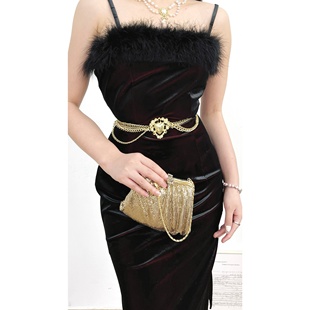 日产vintage古着复古优雅涤纶混纺暗红色吊带丝绒鸵鸟毛边连衣裙