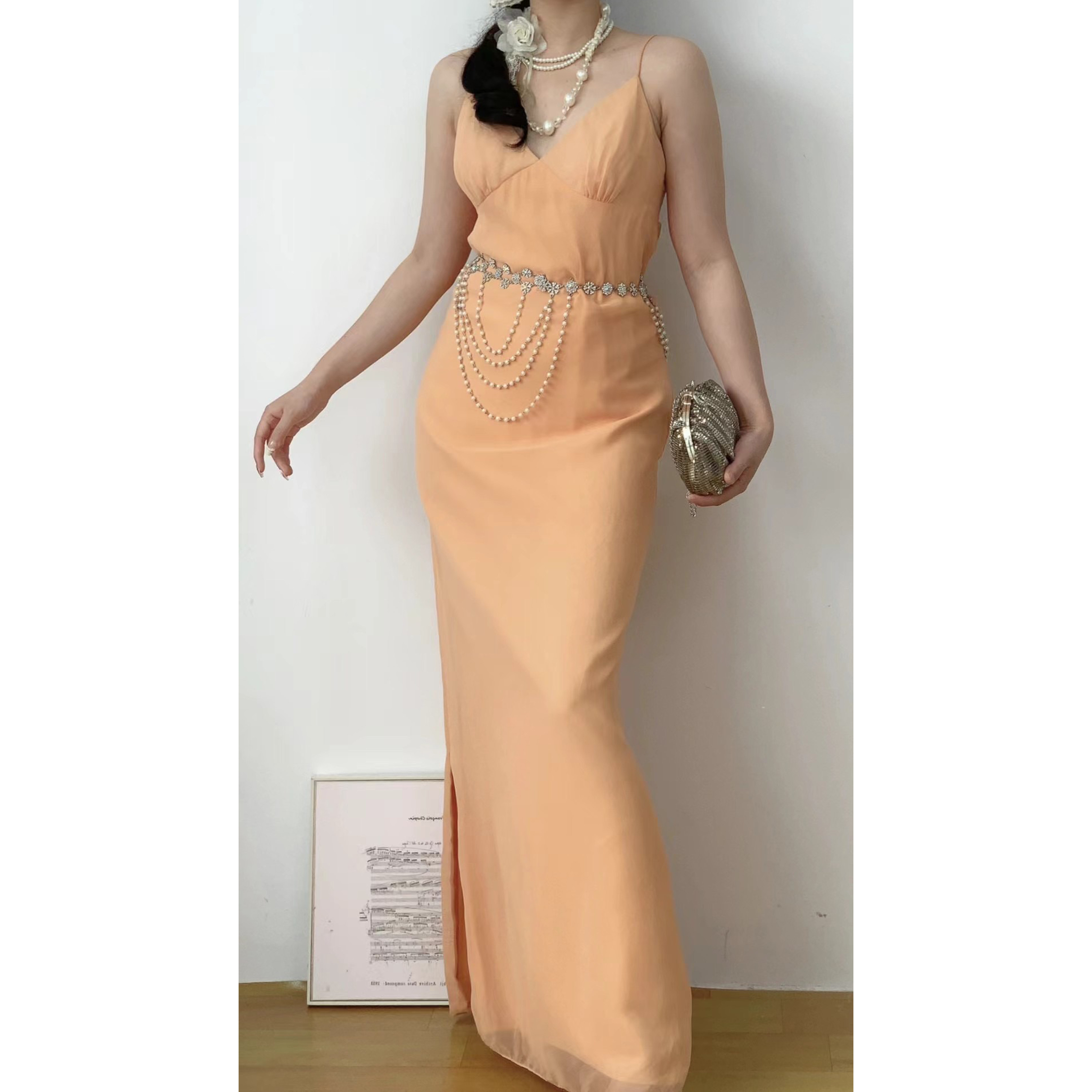 性感优雅橘色深V欧根纱面料长款吊带vintage古着孤品连衣裙女夏