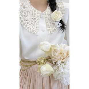 vintage古着甜美昭和复古涤纶白色镂空蕾丝领长袖衬衫女