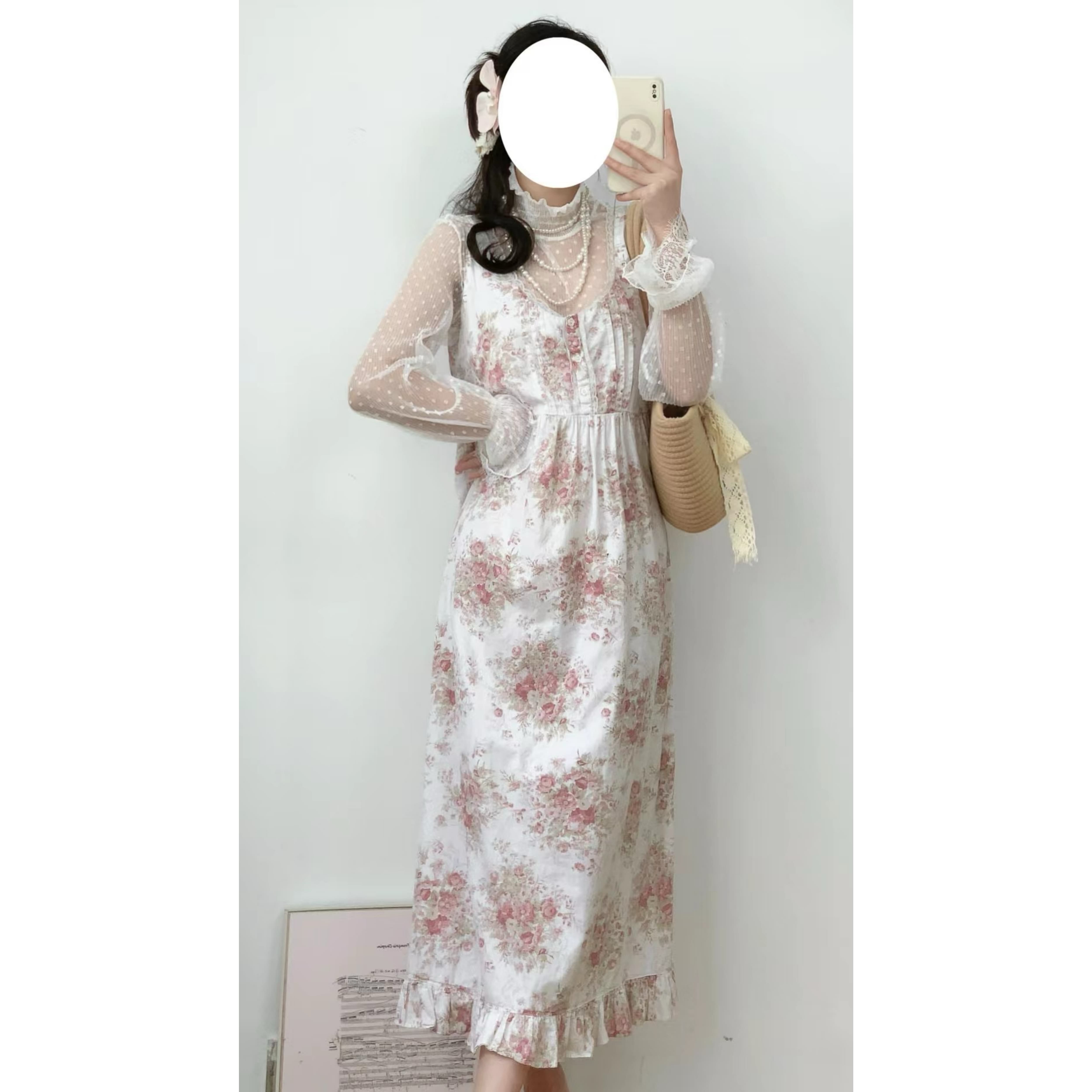 甜美可爱LAURAASHLEY劳拉碎花白底红花蕾丝边vintage古着连衣裙女