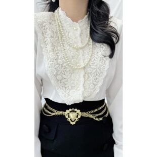 vintage古着法式优雅涤纶白色宫廷领镂空蕾丝人造珍珠扣长袖衬衫