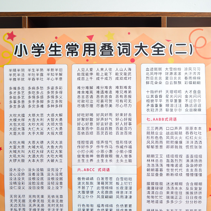 小学生语文一二三四五六年级重叠词aabb abab词语大全表挂图墙贴