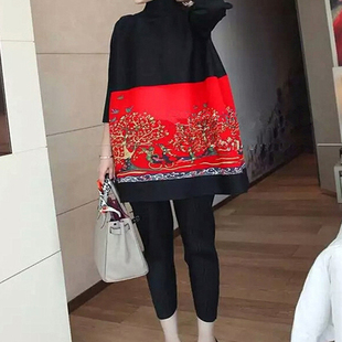 国风高领长袖黑拼红秋季新款上衣蓝蓝时尚洋气高级感百搭