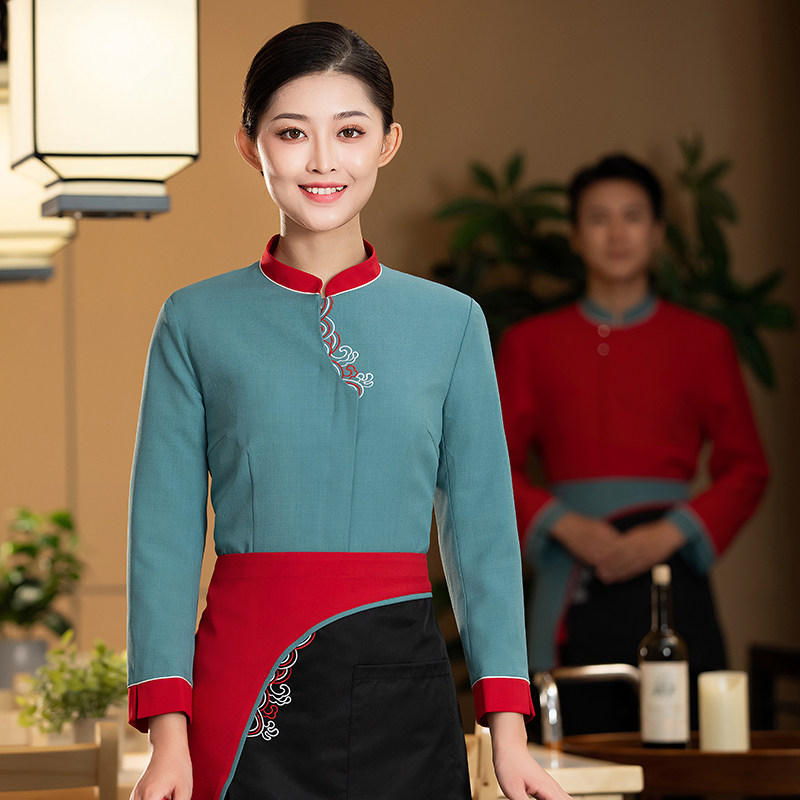 酒店餐饮服务员工作服女长袖中国风餐厅火锅店秋冬装前厅员工制服