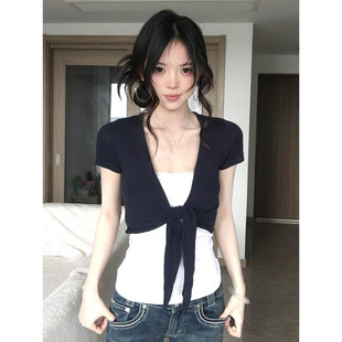 韩系复古穿搭绑带针织开衫女夏季蕾丝抹胸两件套显瘦bm上衣高级感