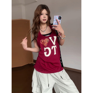 复古吊带背心女夏日ootd穿搭辣妹无袖 美式 t恤宽松显瘦多巴胺上衣