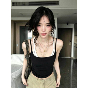 美式辣妹穿搭铆钉黑白撞色假两件吊带背心女夏季新款外穿无袖上衣
