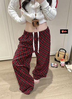 黑色的王 红色格纹抽绳卫裤女时髦复古宽松休闲高腰显瘦直筒长裤