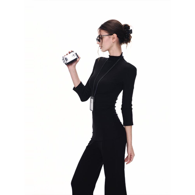 JLAUNT 黑色t恤女夏季小众设计感宽松修身显瘦慵懒七分袖辣妹上衣