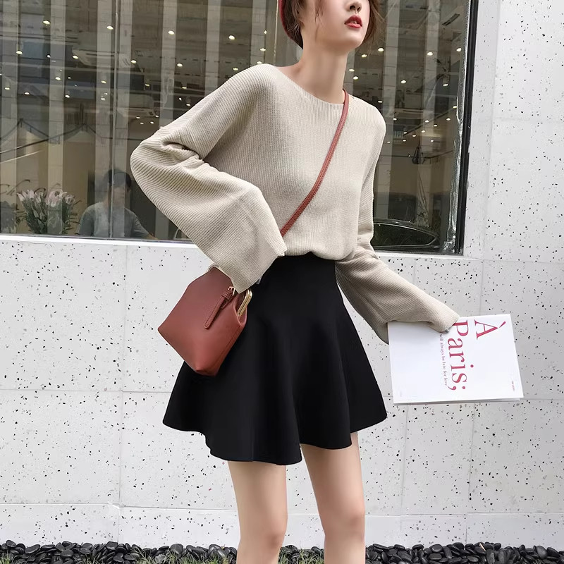半身裙女秋冬针织2025春秋高腰打底毛线蓬蓬百褶a字伞小裙子秋裙