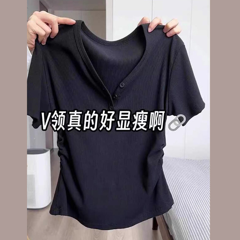 短袖女t恤2026新款大码正肩不规则V领夏季胖mm遮肚子修身收腰上衣