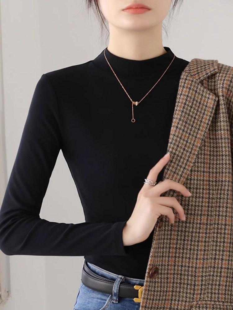 2025春秋季女式半高领长袖t恤全新纯棉内层修身百搭黑色小立领底