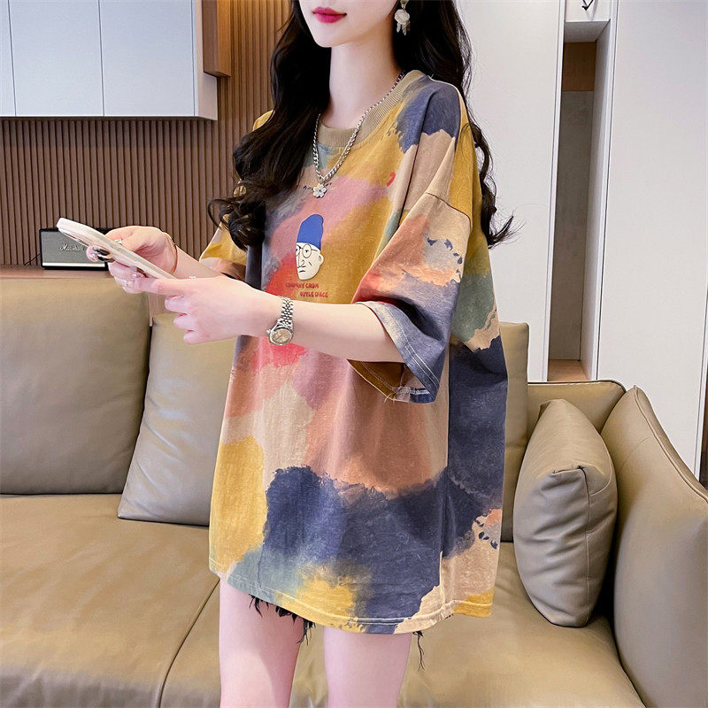 短袖t恤女夏季设计感小众纯棉韩版宽松大码中长款扎染渐变色上衣