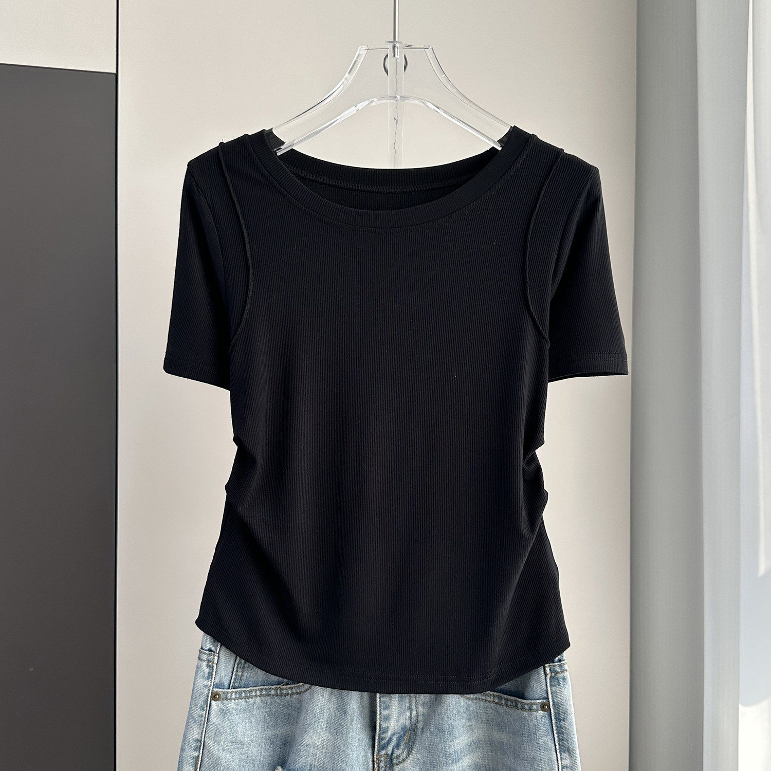 正肩大码圆领短袖T恤女春夏褶皱收腰宽松遮肚子胖MM显瘦螺纹上衣