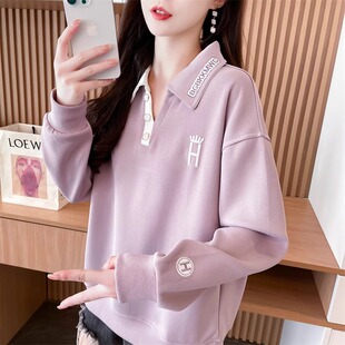 小个子翻领女款2025年春秋季宽松大码薄款上衣外套女款polo衫卫衣