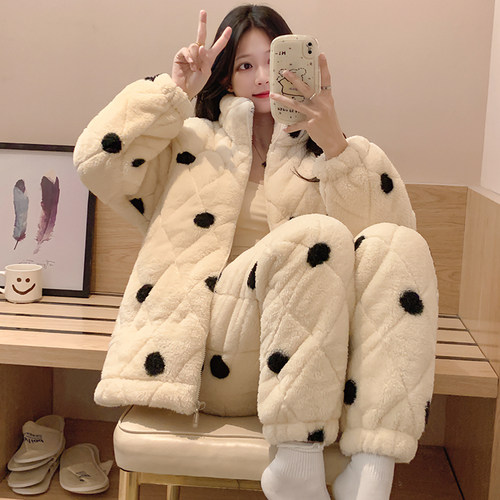 秋冬天长袖三层加厚夹棉家居服