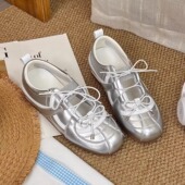 内增高5cm甜妹德训鞋 休闲鞋 女真皮韩版 运动芭蕾风玛丽珍银色单鞋