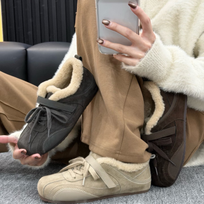 复古加绒德训鞋女冬系带休闲鞋保暖运动毛毛魔术贴厚底内增高棉鞋
