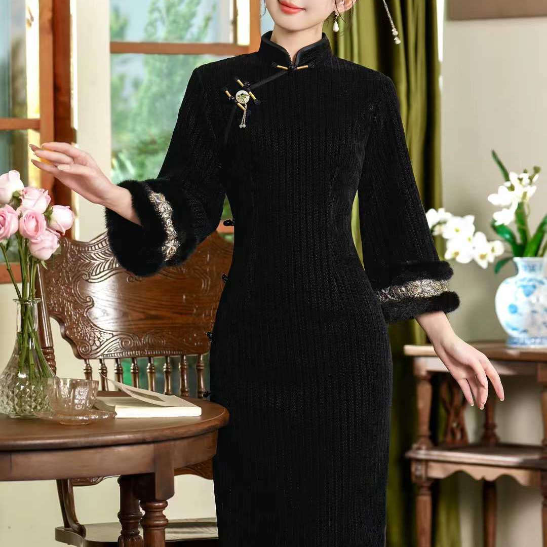 冬季加厚高级感黑色旗袍