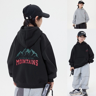 男童冬季日系加绒连帽卫衣儿童帅气宽松小山印花潮酷套头绒衫上衣