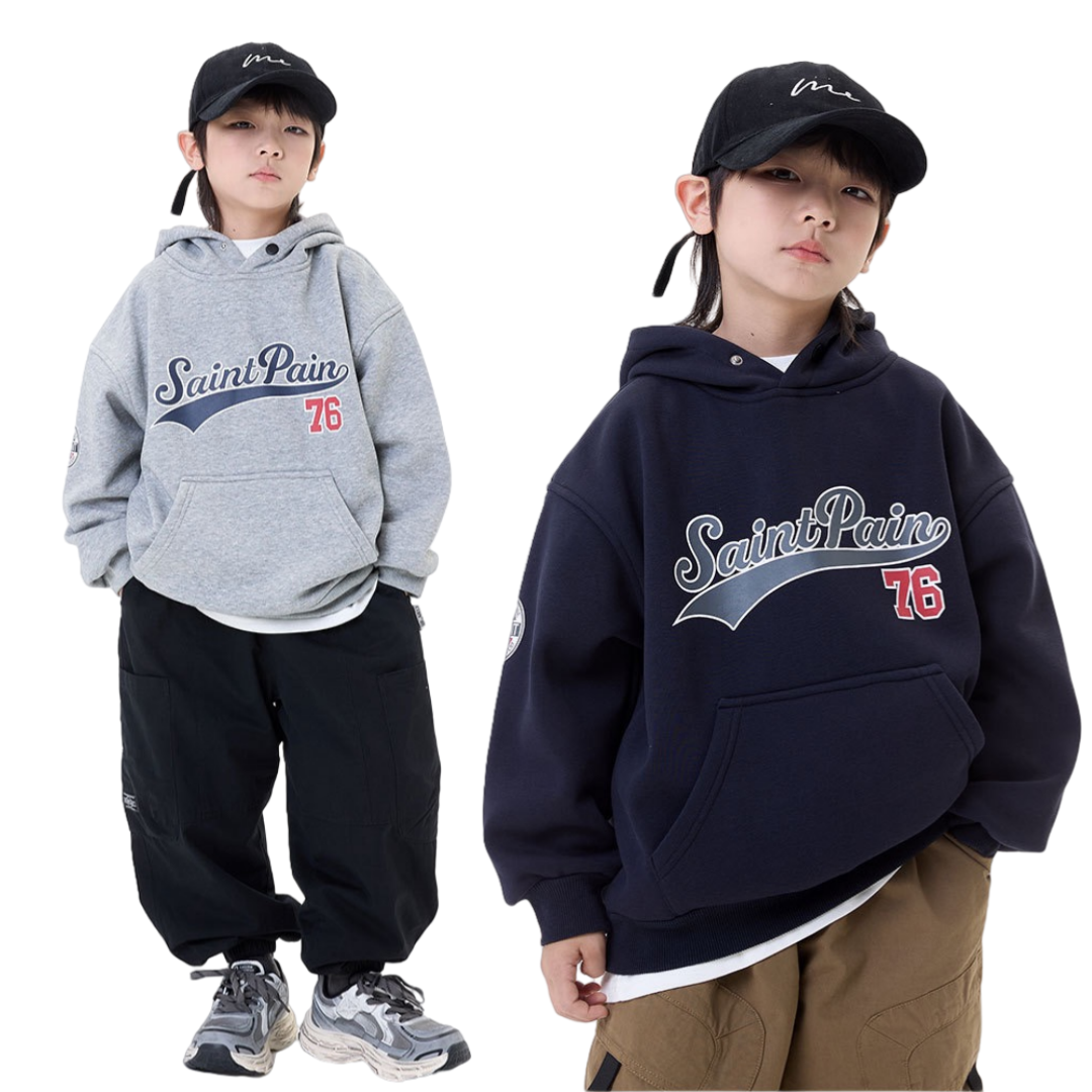 冬季男童一体绒日系字母印花卫衣