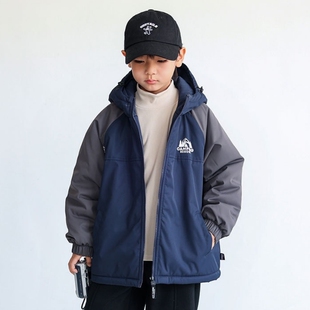 冬季潮酷山系加绒连帽棉衣外套中大男童拼色字母印夹棉冲锋衣棉袄