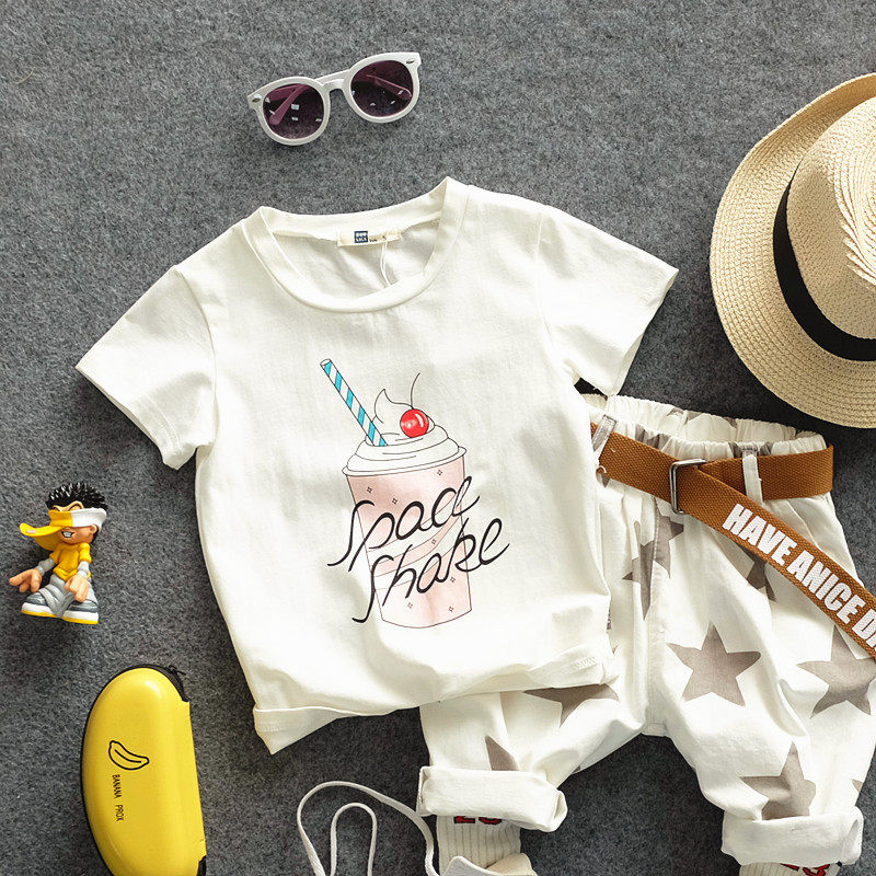 饮料杯水印印花短袖t恤 柔软弹力圆领百搭小清新清凉白色半袖t恤