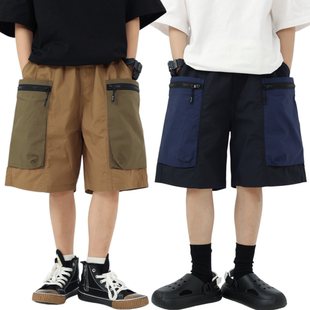 五分中裤 男童日系拼色棉布休闲短裤 中大童宽松大口袋潮酷街头工装