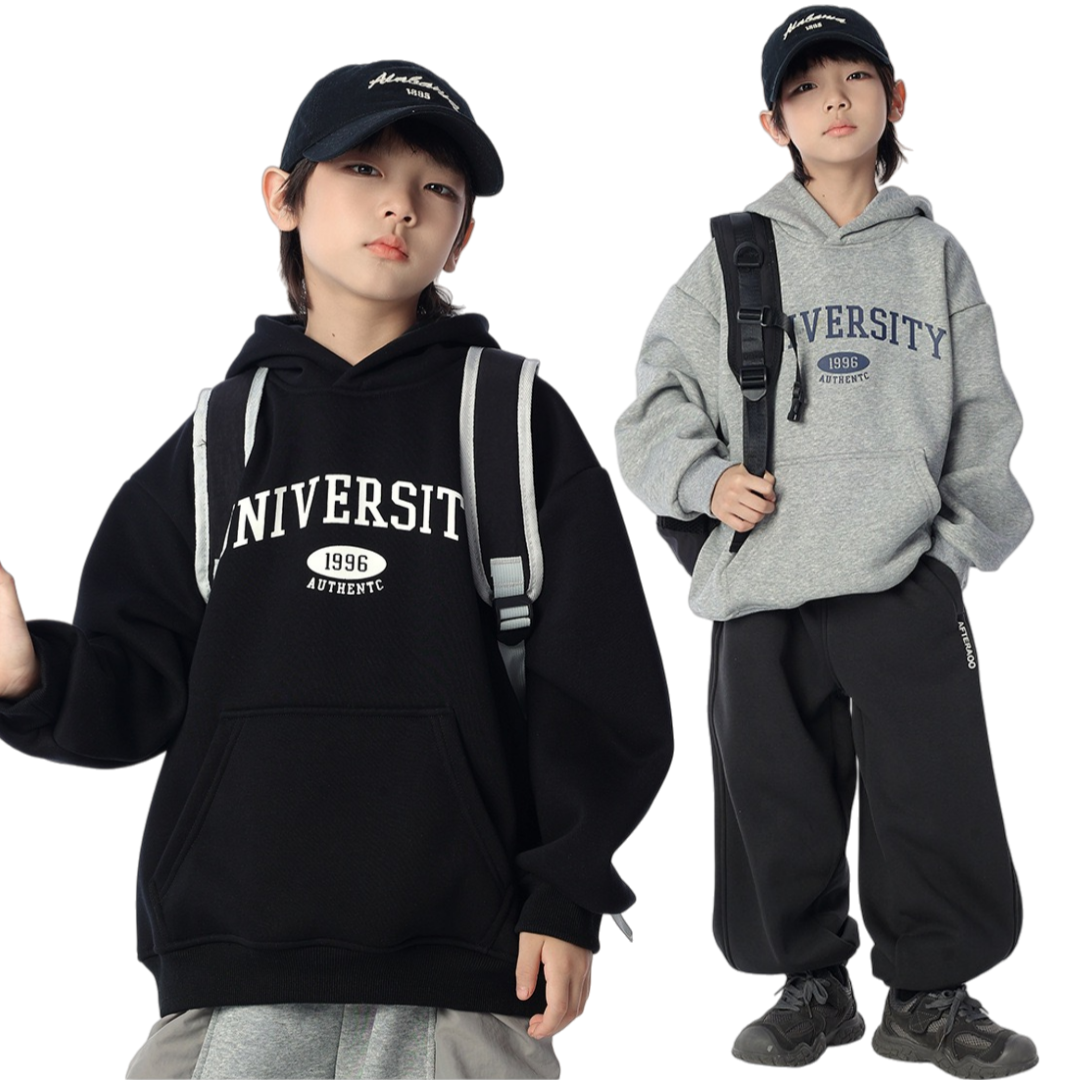 男童冬季日系字母加绒连帽卫衣