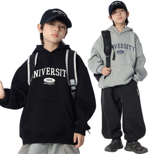 男童冬季日系字母印花连帽加绒卫衣儿童宽松帅气潮酷套头绒衫上衣