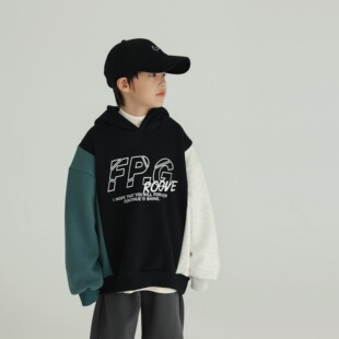 冬季日系潮酷拼色加绒连帽卫衣 中大男童宽松高街风绒衫上衣帅气