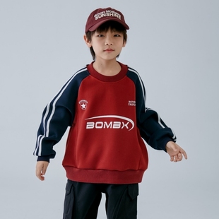 潮酷日系冬季男童撞色加绒卫衣 红色拼藏蓝织带字母一体绒衫上衣