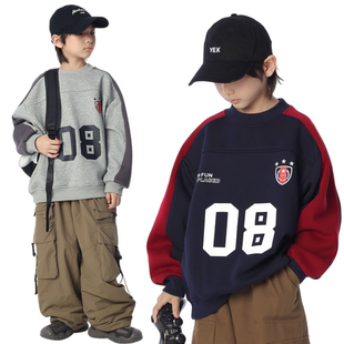 男童冬季日系拼色加绒卫衣儿童圆领套头数字印花一体绒上衣帅气潮