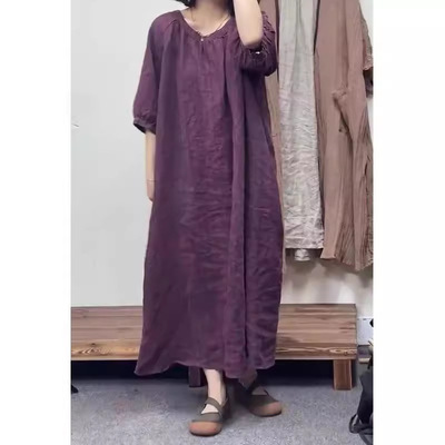 今年流行特惠24195大爱美依缘2025夏季新款复古棉麻七分袖连衣裙