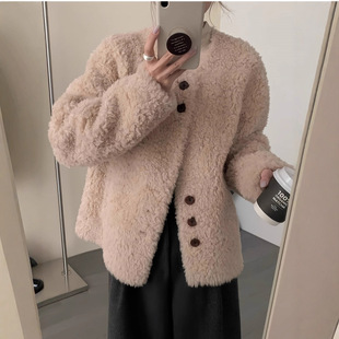 今年流行特惠【松茶可可】韩版羊剪绒皮毛一体皮草外套女圆领短